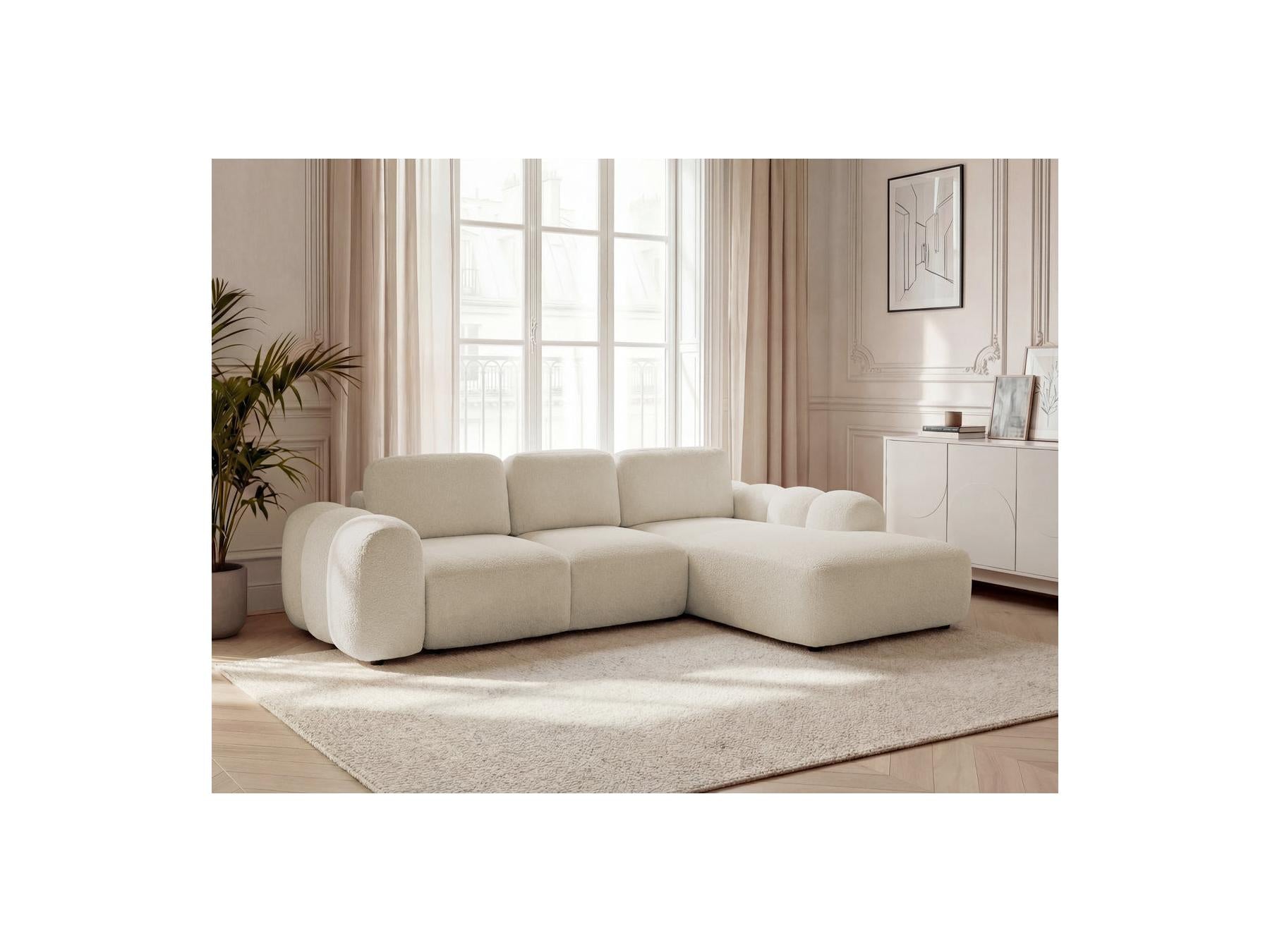 Montaigne - Canapé D'Angle Convertible Coffre Grande Méridienne - Tissu Bouclette - Angle Droit