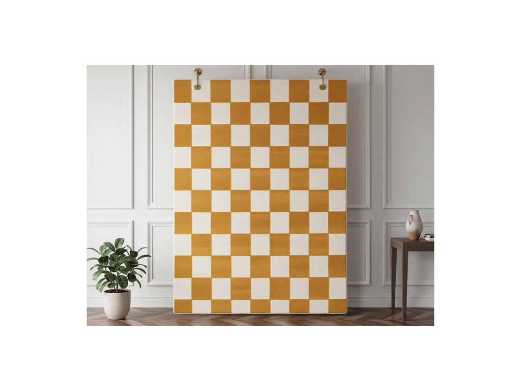 Gaelle - Tapis Poils Ras - Motif Damier - Jaune