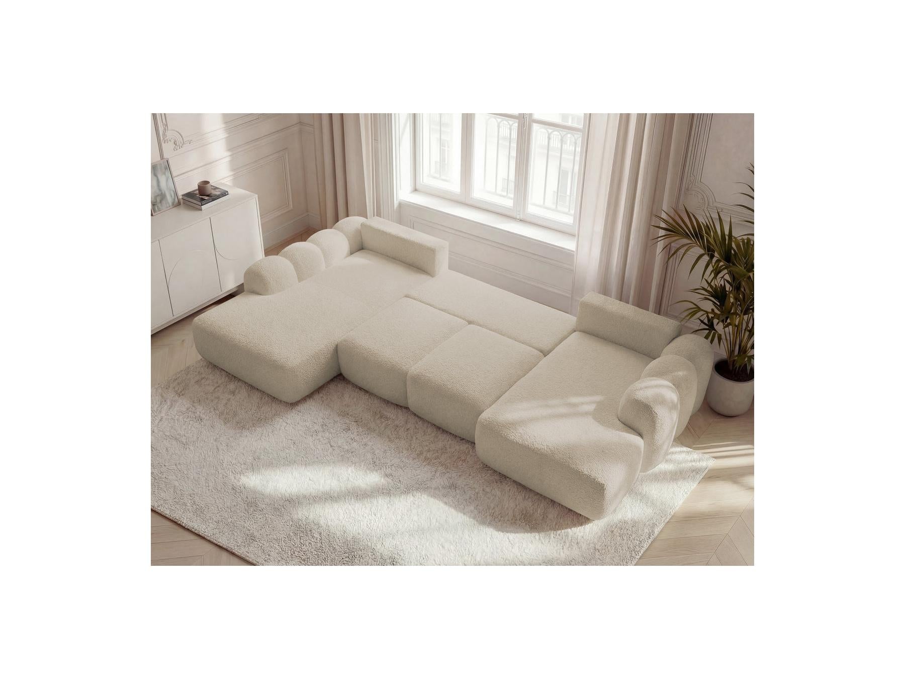 Montaigne - Canapé Panoramique Convertible Coffre - Tissu Bouclette - Angle Droit