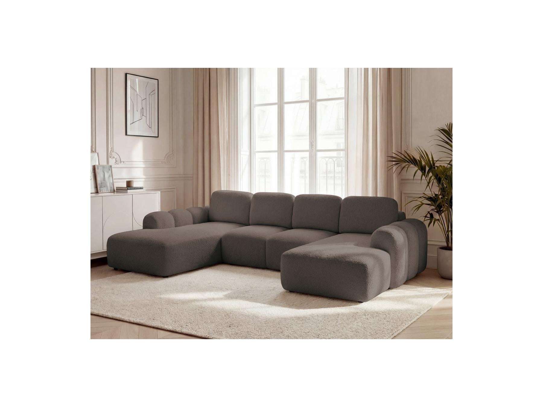 Montaigne - Canapé Panoramique Convertible Coffre - Tissu Bouclette - Angle Droit