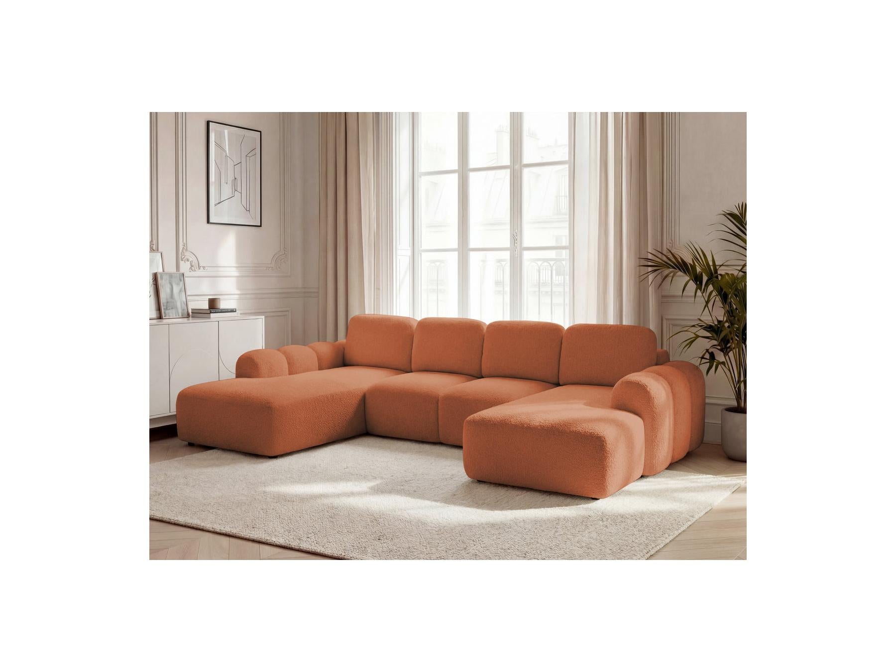 Montaigne - Canapé Panoramique Convertible Coffre - Tissu Bouclette - Angle Droit