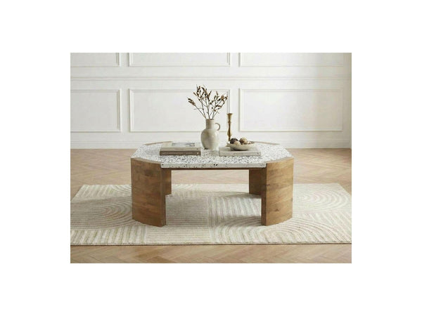Torvi - Table Basse Carrée - Plateau Terrazzo Et Pieds Bois Massif De Manguier