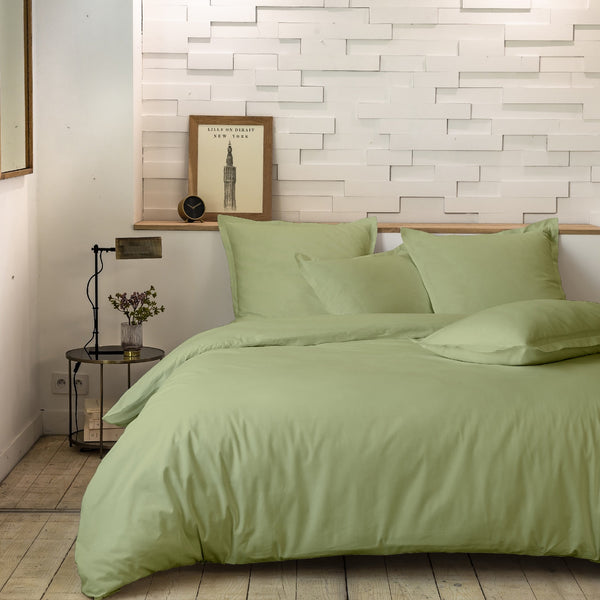 Parure De Lit Complète - 3 Pièces - 100% Percale De Coton 80 Fils - Sauge