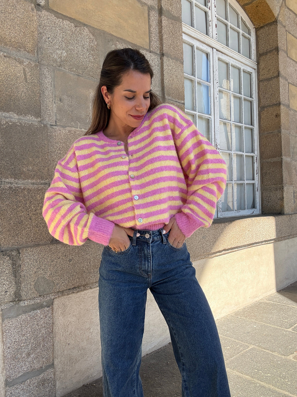 Cardigan Solela Rose Et Jaune