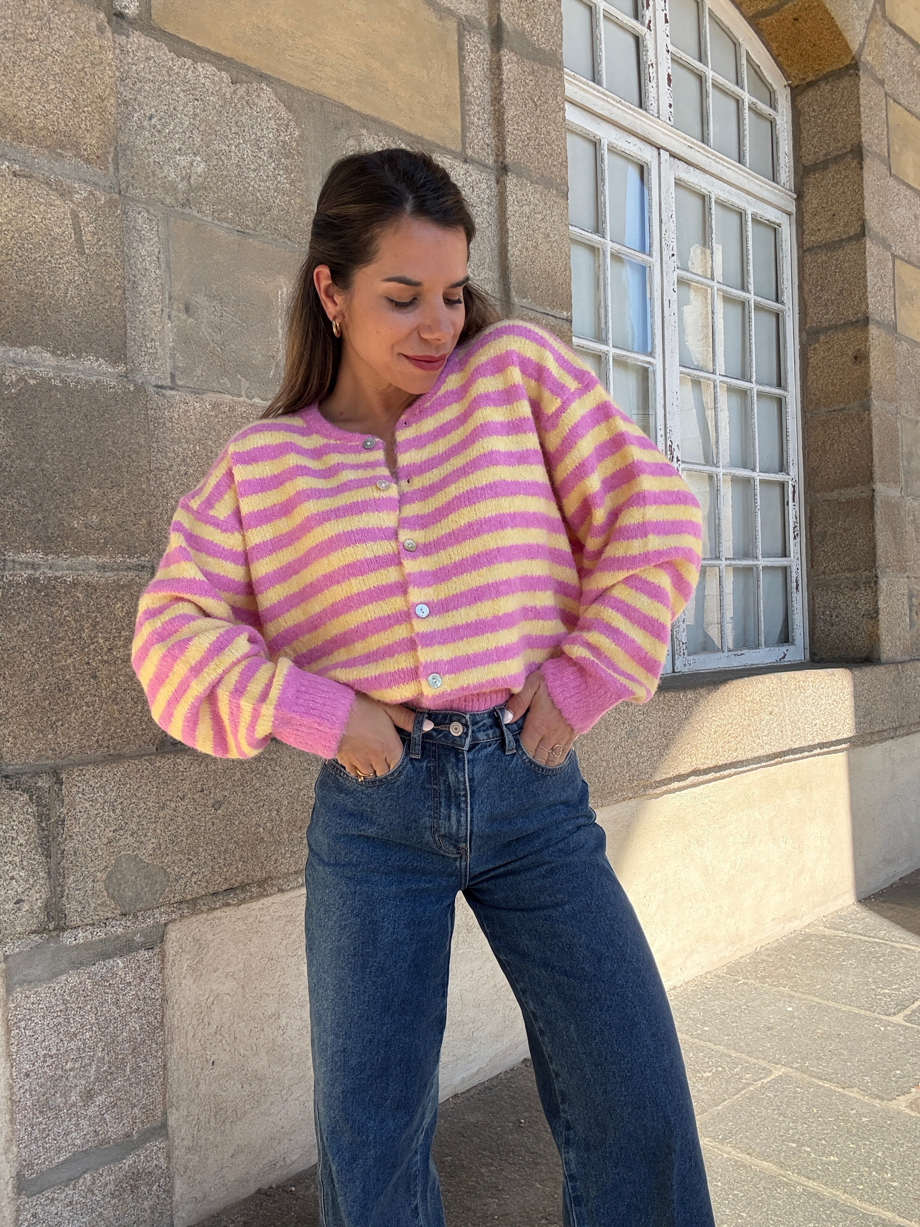Cardigan Solela Rose Et Jaune
