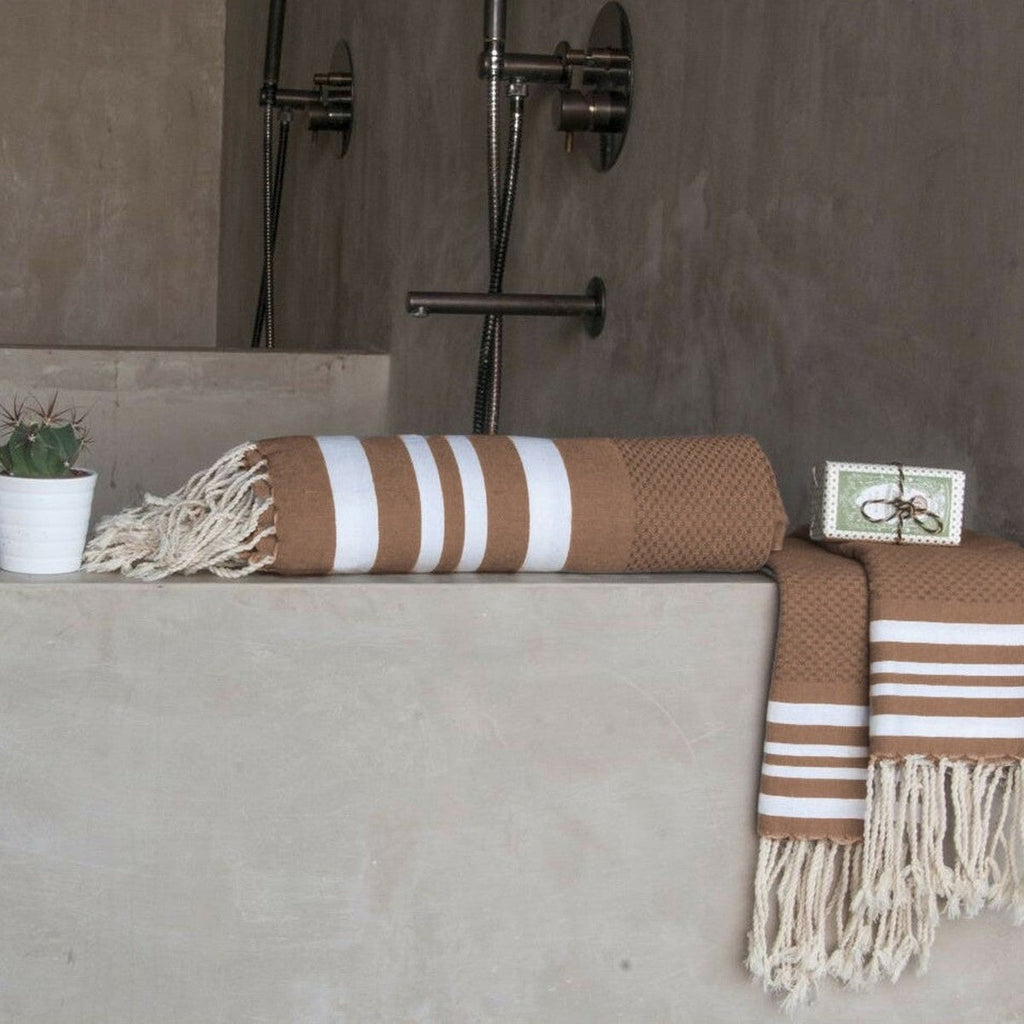 Hamptons - Foutas De Bain (1 Grande et 2 Petites) - Moka/Blanc