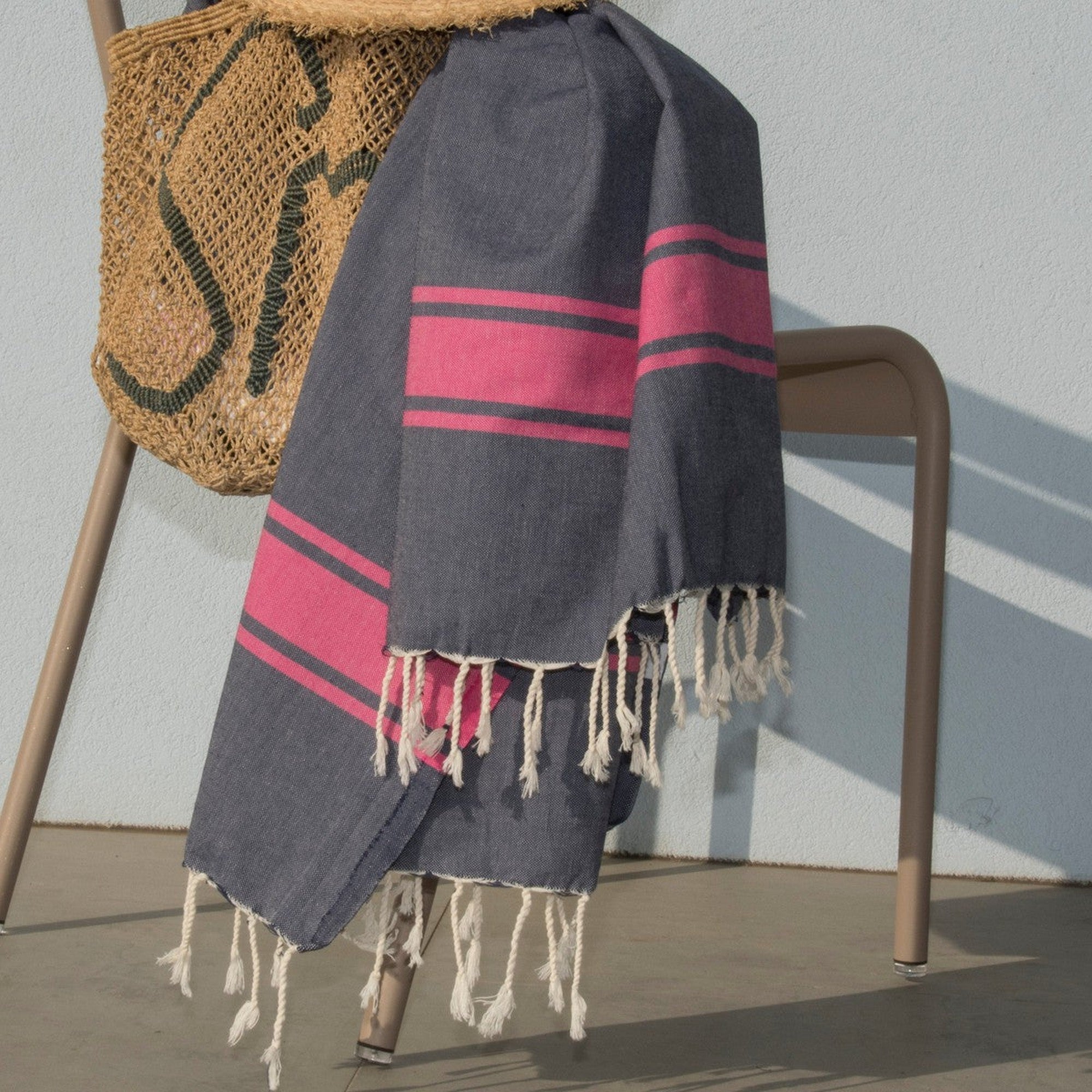 St Tropez - Fouta Bicolore - Bleu Jean/Rose Fuchsia