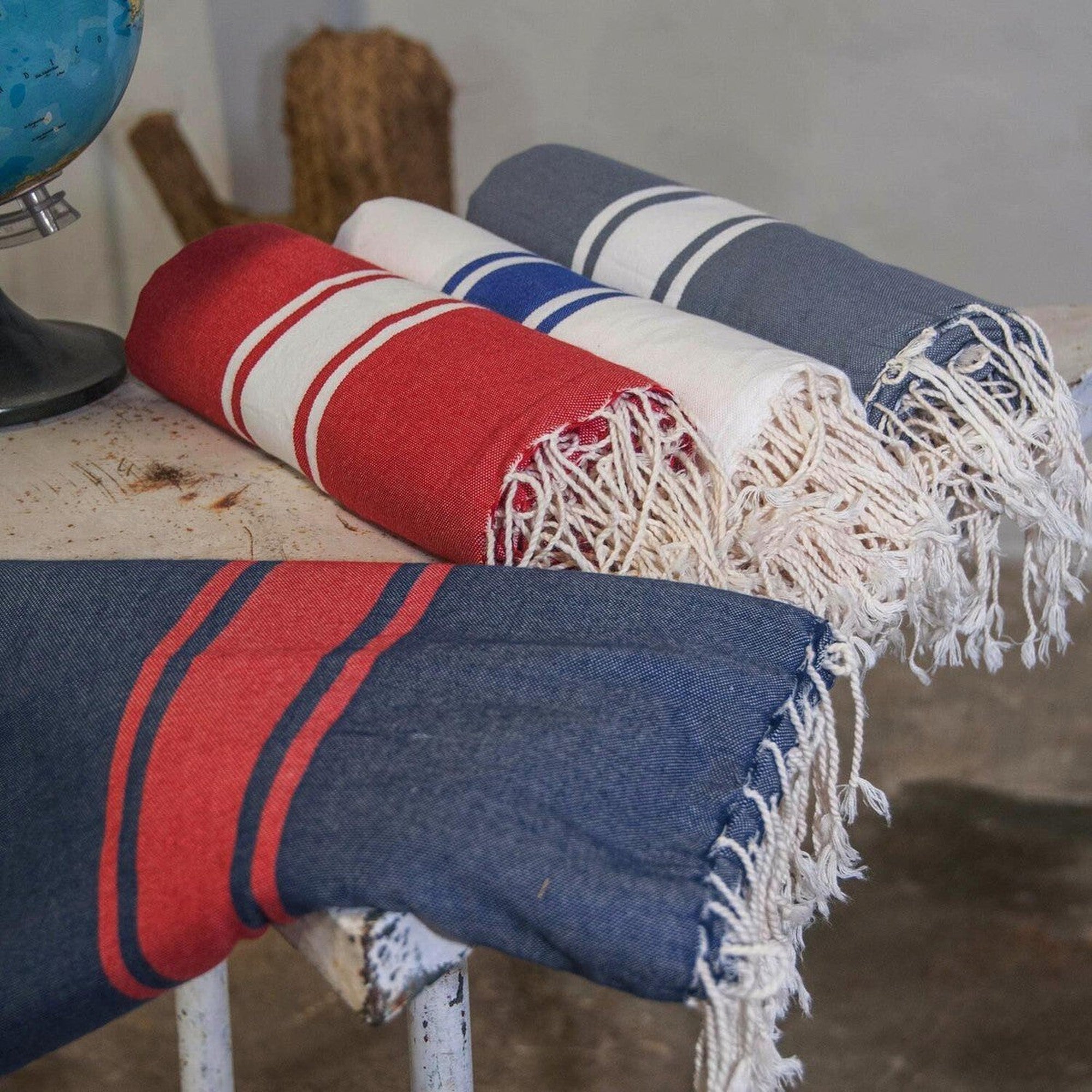 St Tropez - Fouta Bicolore - Bleu Jean/Rouge