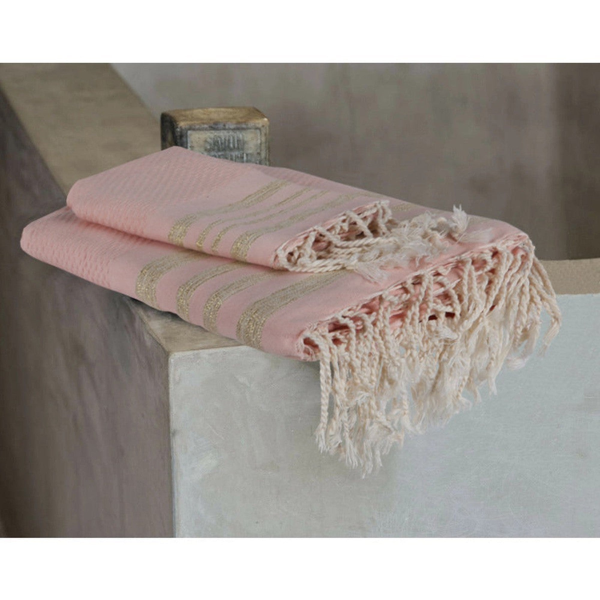 Hamptons - Foutas De Bain (1 Grande et 2 Petites) - Rose Poudré/Or