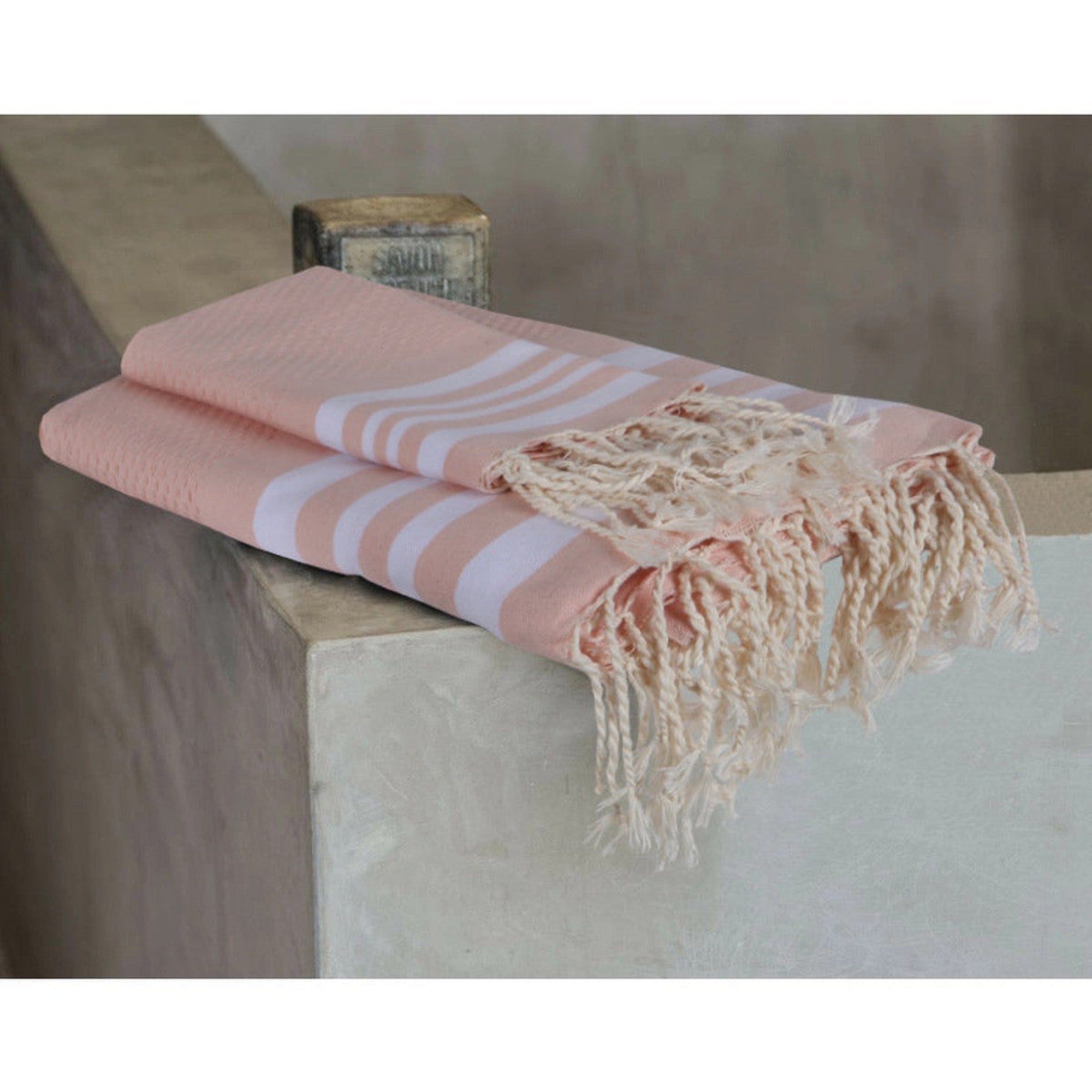 Hamptons - Foutas De Bain (1 Grande et 2 Petites) - Rose Poudré/Blanc