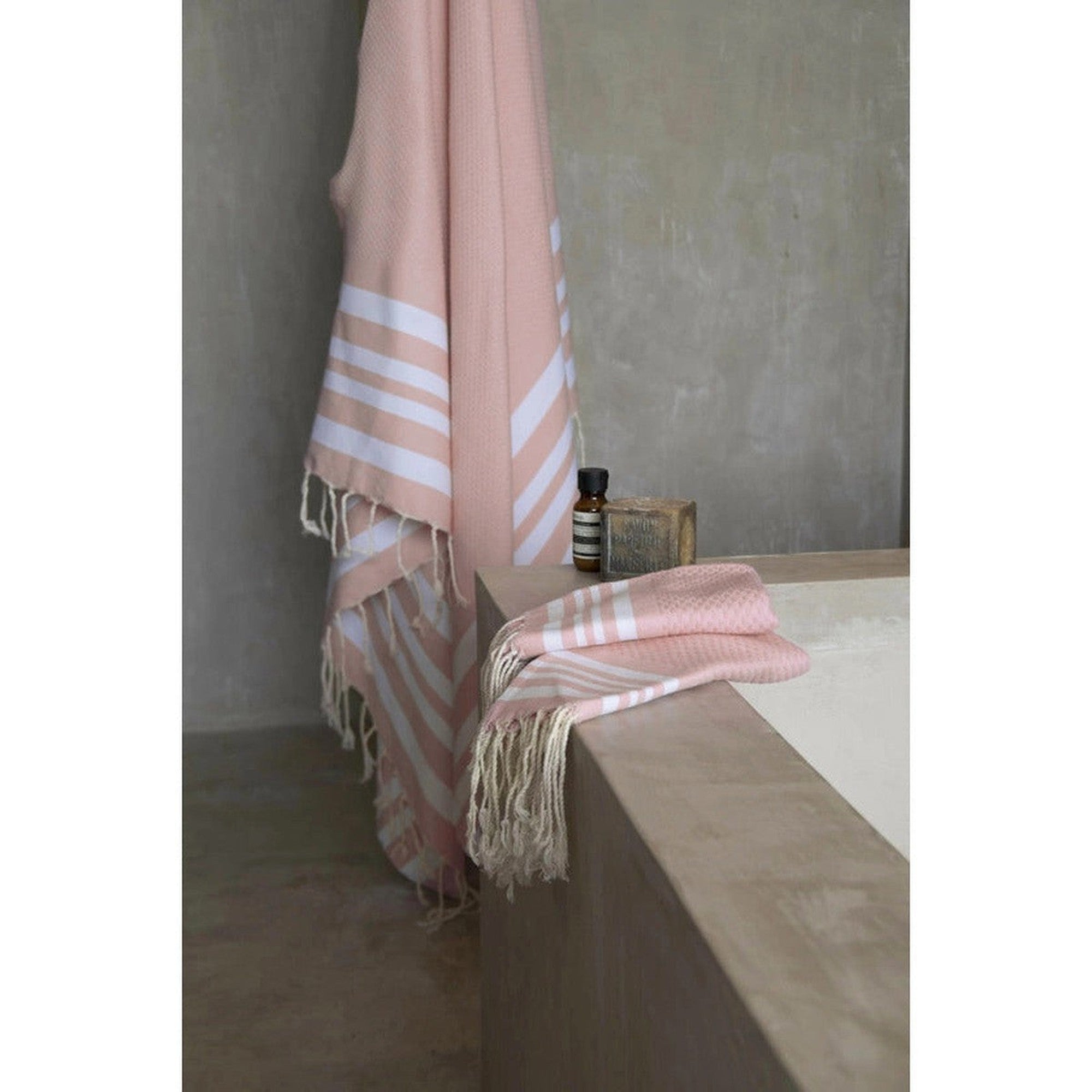 Hamptons - Foutas De Bain (1 Grande et 2 Petites) - Rose Poudré/Blanc