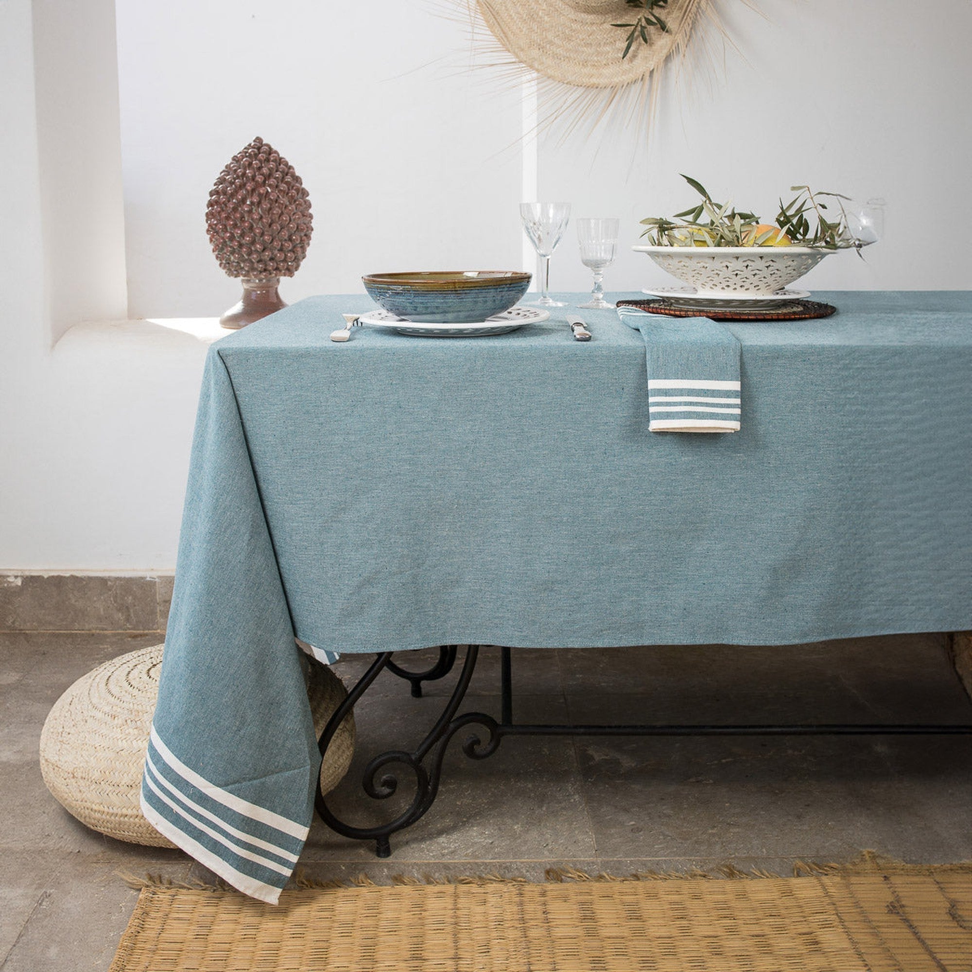 Mahdia - Nappe + 4 Serviettes - Bleu Pétrole