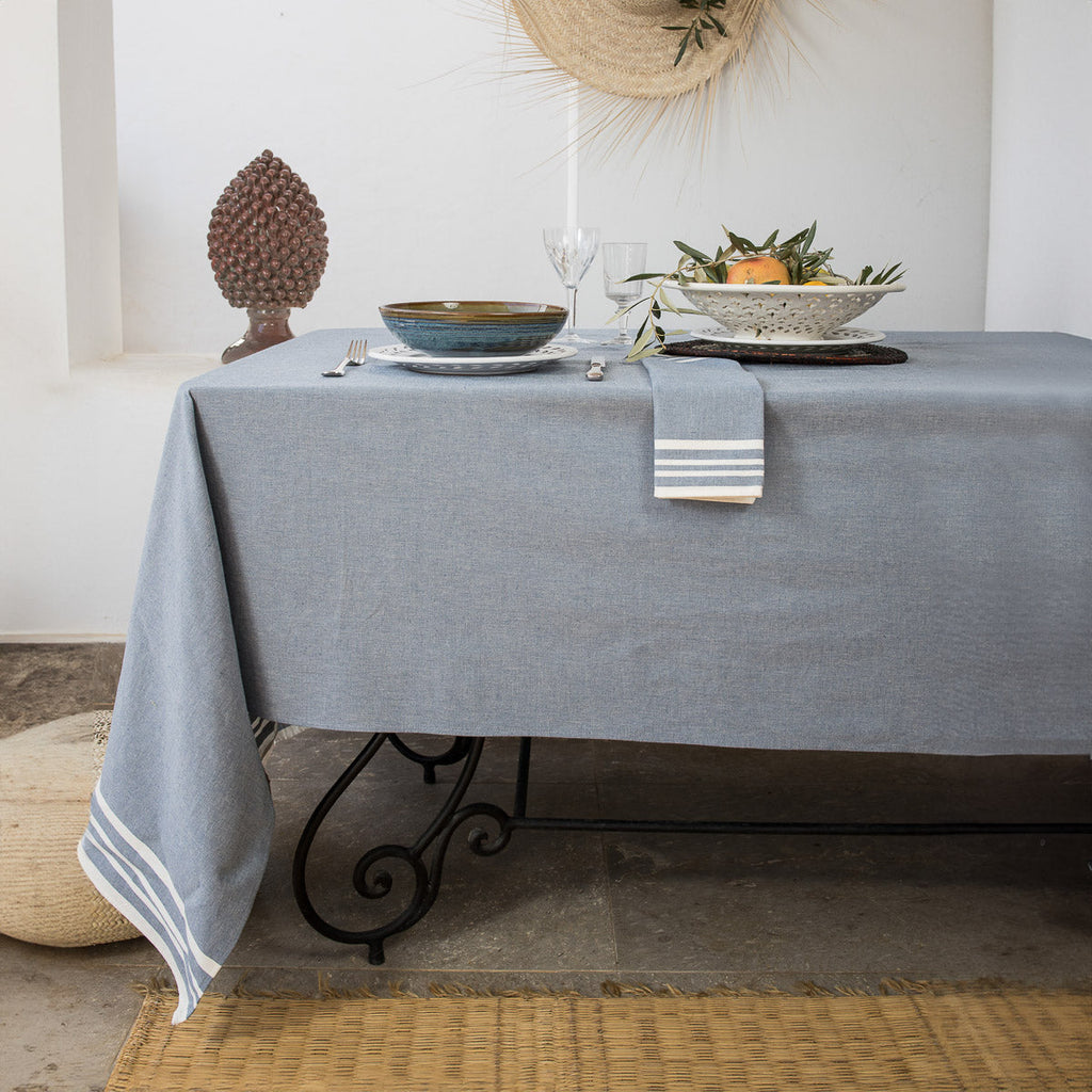 Mahdia - Nappe + 8 Serviettes - Bleu Jean