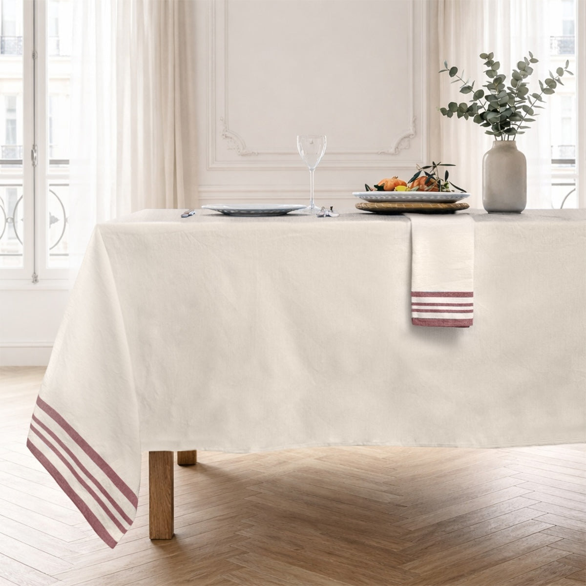 Guetary - Lot De 4 Serviettes De Table - Beige Lin/Rouge Tomette