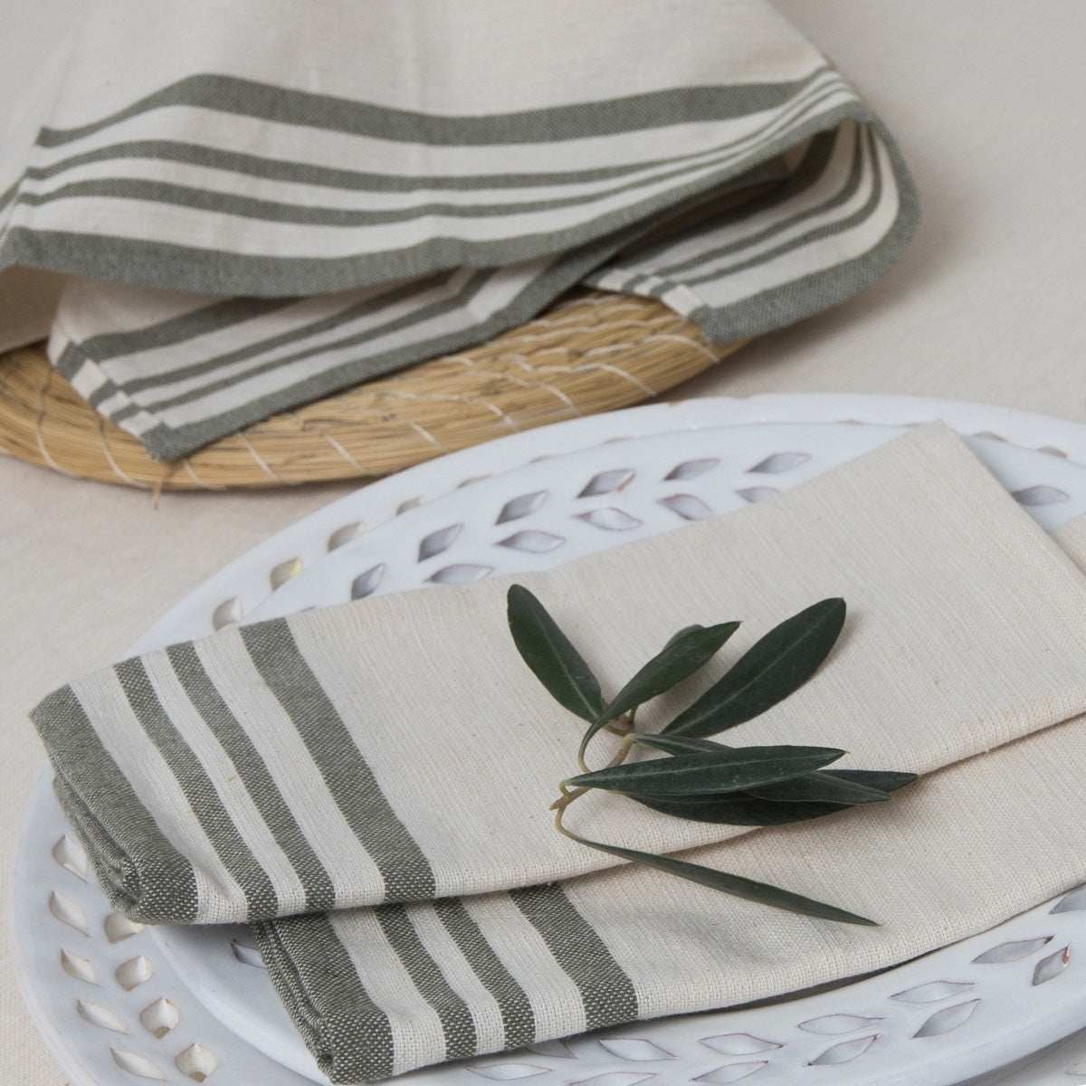 Guetary - Lot De 4 Serviettes De Table - Beige Lin/Vert Olive