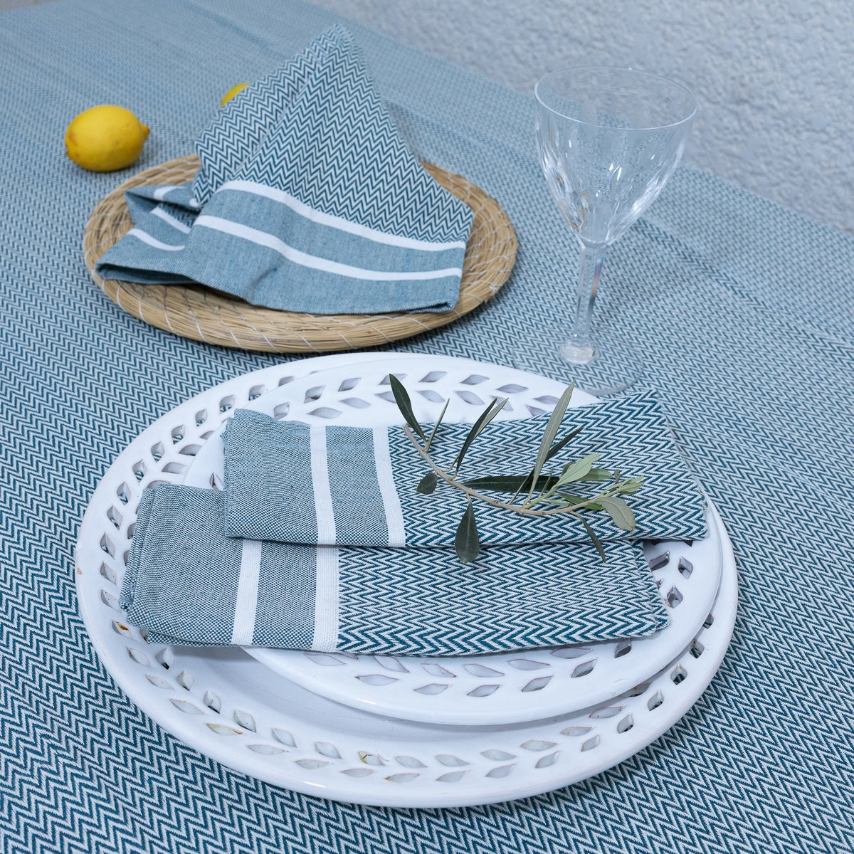 Sienna - Nappe + 4 Serviettes - Bleu Pétrole