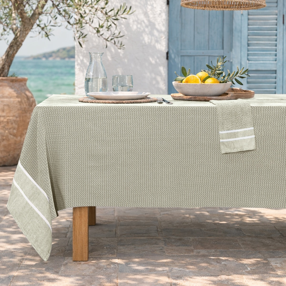 Sienna - Nappe + 4 Serviettes - Vert Olive