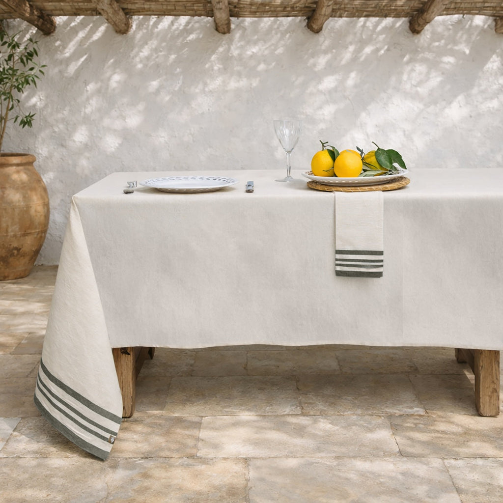 Guetary - Nappe + 8 Serviettes - Beige Lin/Vert Olive