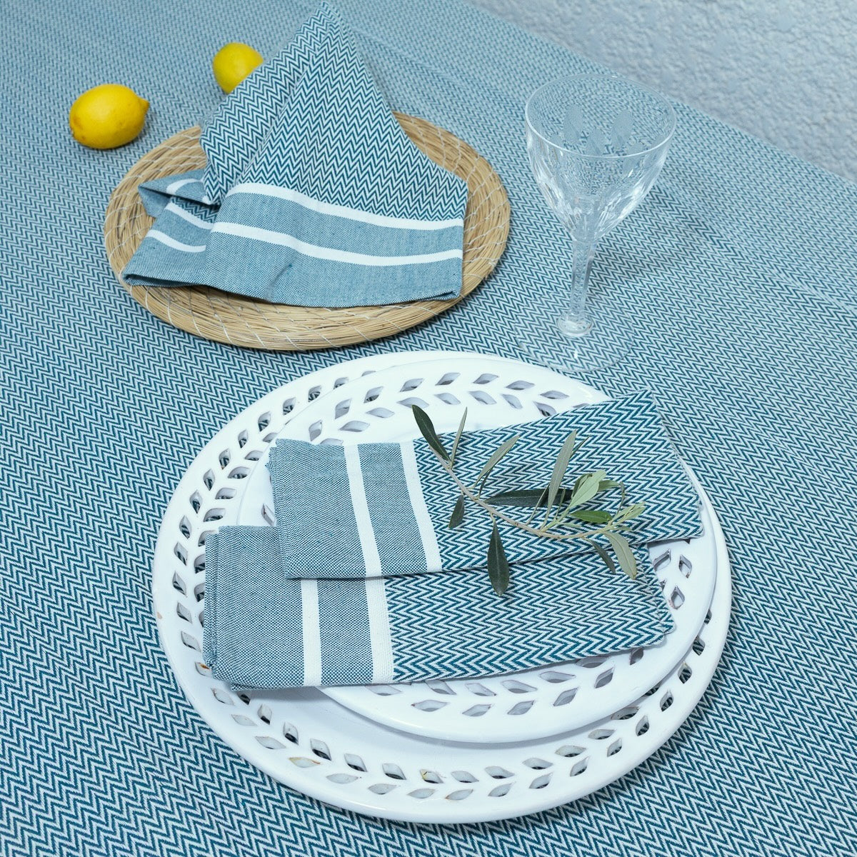 Sienna - Nappe + 10 Serviettes - Bleu Pétrole