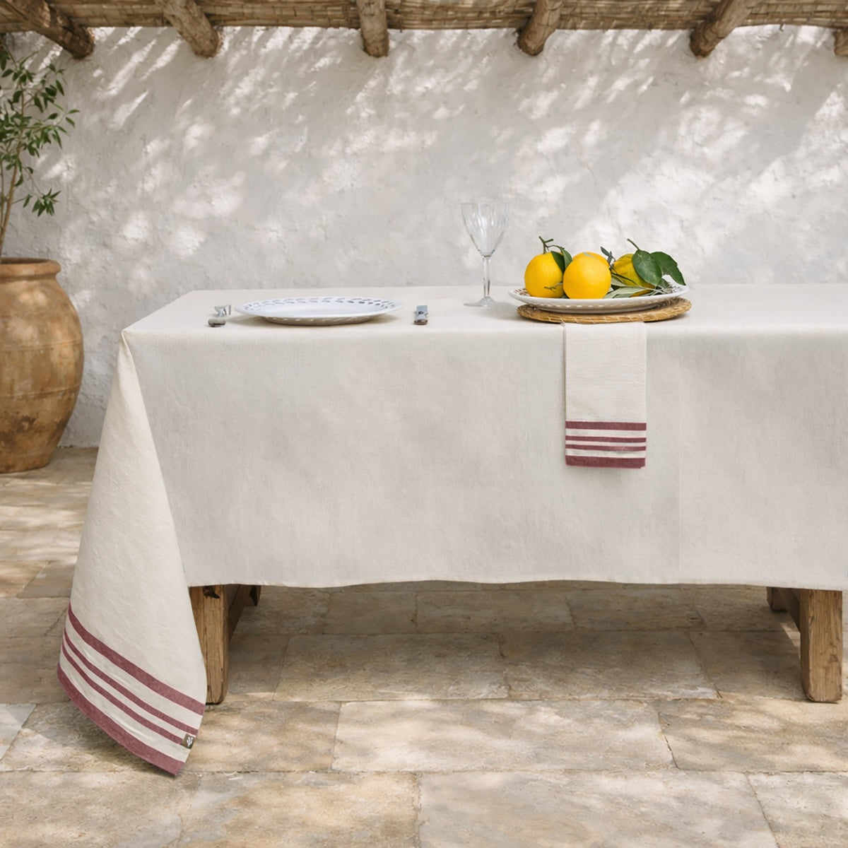 Guetary - Nappe + 10 Serviettes - Beige Lin/Rouge Tomette
