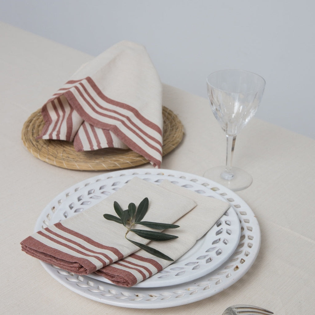 Guetary - Nappe + 10 Serviettes - Beige Lin/Rouge Tomette