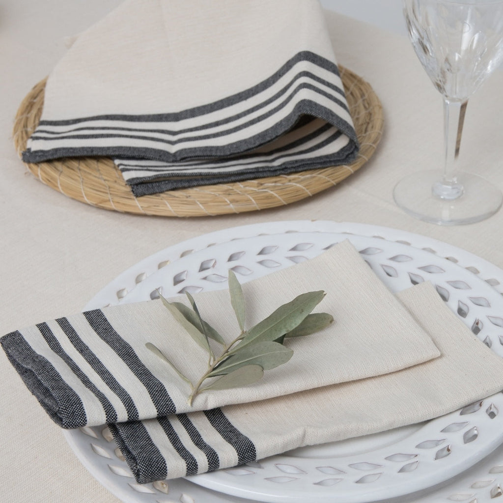Guetary - Nappe + 10 Serviettes - Beige Lin/Noir