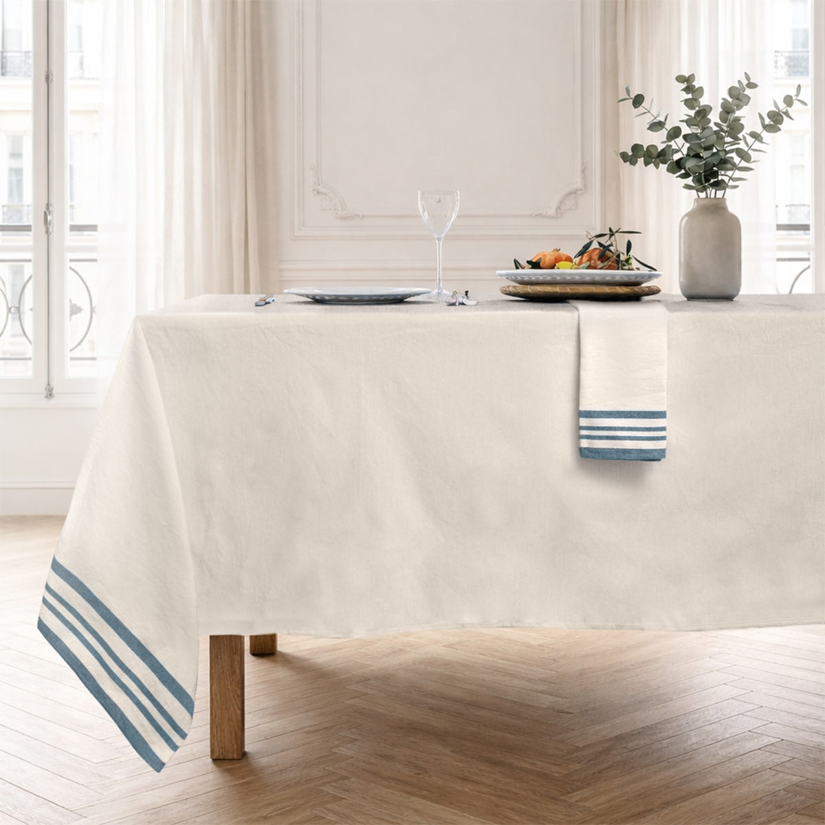 Guetary - Nappe + 10 Serviettes - Beige Lin/Bleu Pétrole
