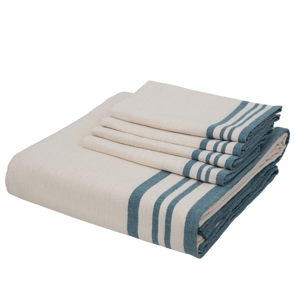 Guetary - Nappe + 10 Serviettes - Beige Lin/Bleu Pétrole