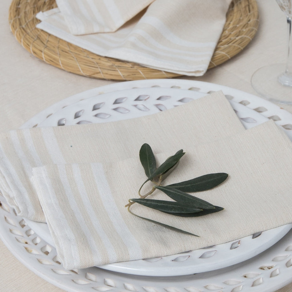 Guetary - Nappe + 10 Serviettes - Beige Lin/Blanc