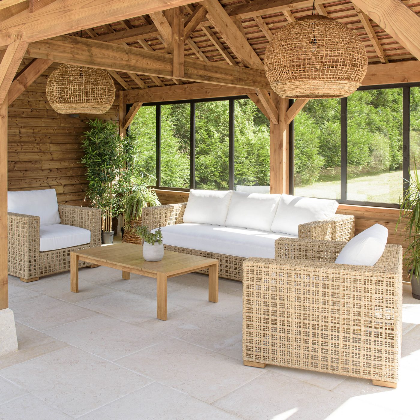 Valeria - Salon De Jardin 6 Places - Beige/Blanc/Bois Clair