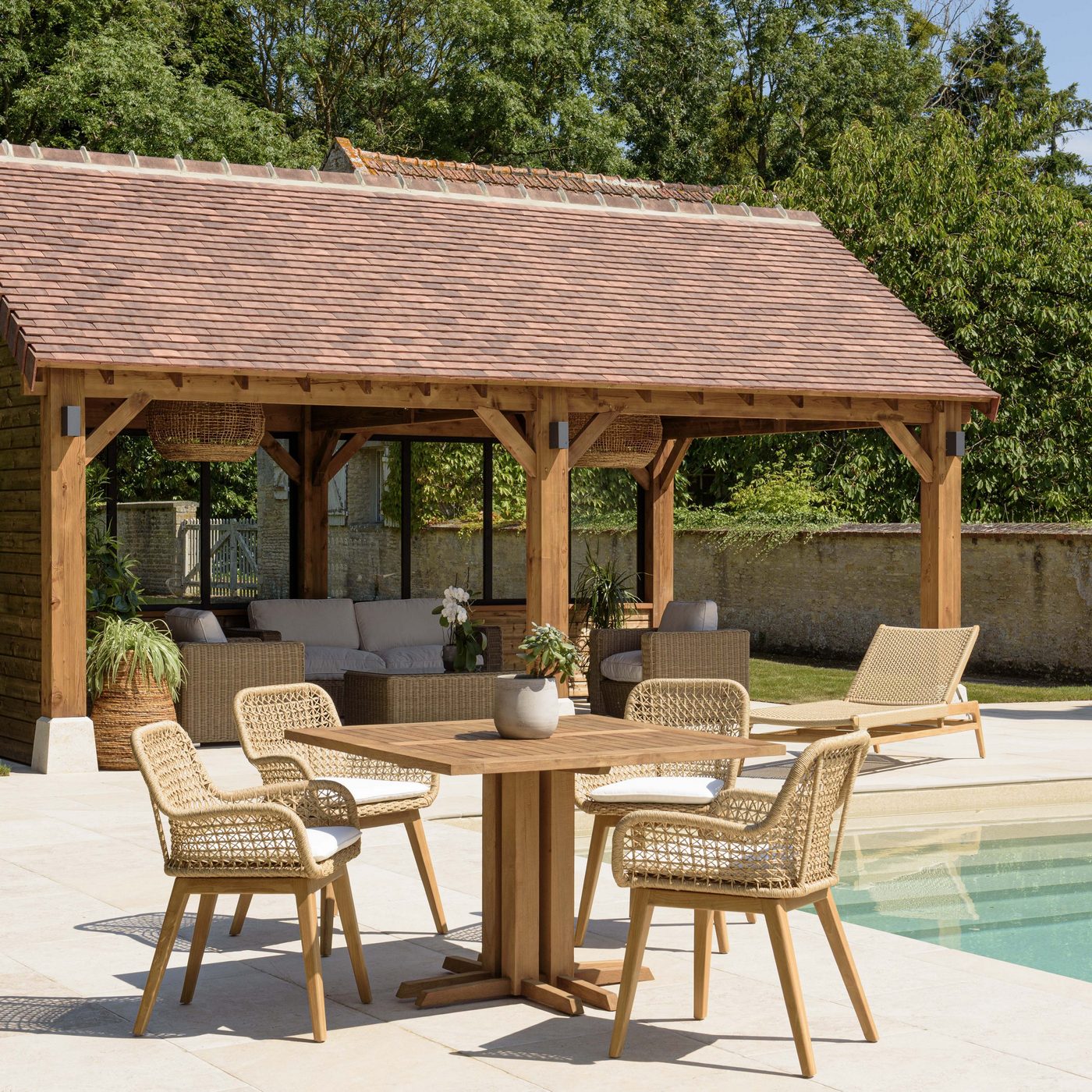 Valeria - Salon De Jardin 4 Pers - Beige/Blanc/Bois Clair/Marron