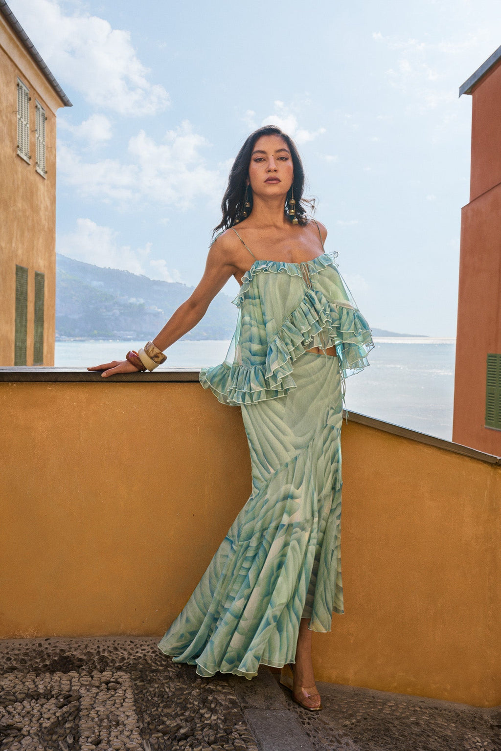 Haut En Chiffon À Volants Et À Imprimé  – Vert