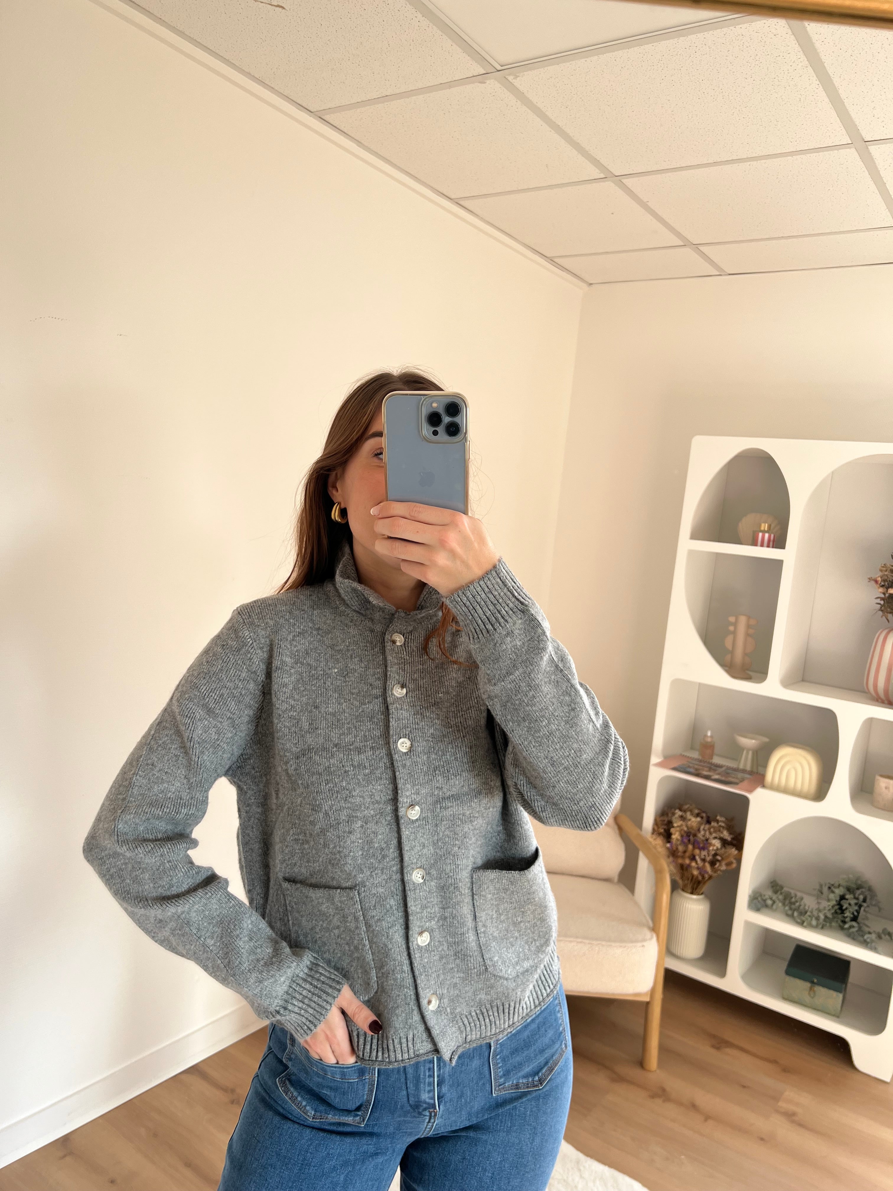 Cardigan À Col Colette Gris