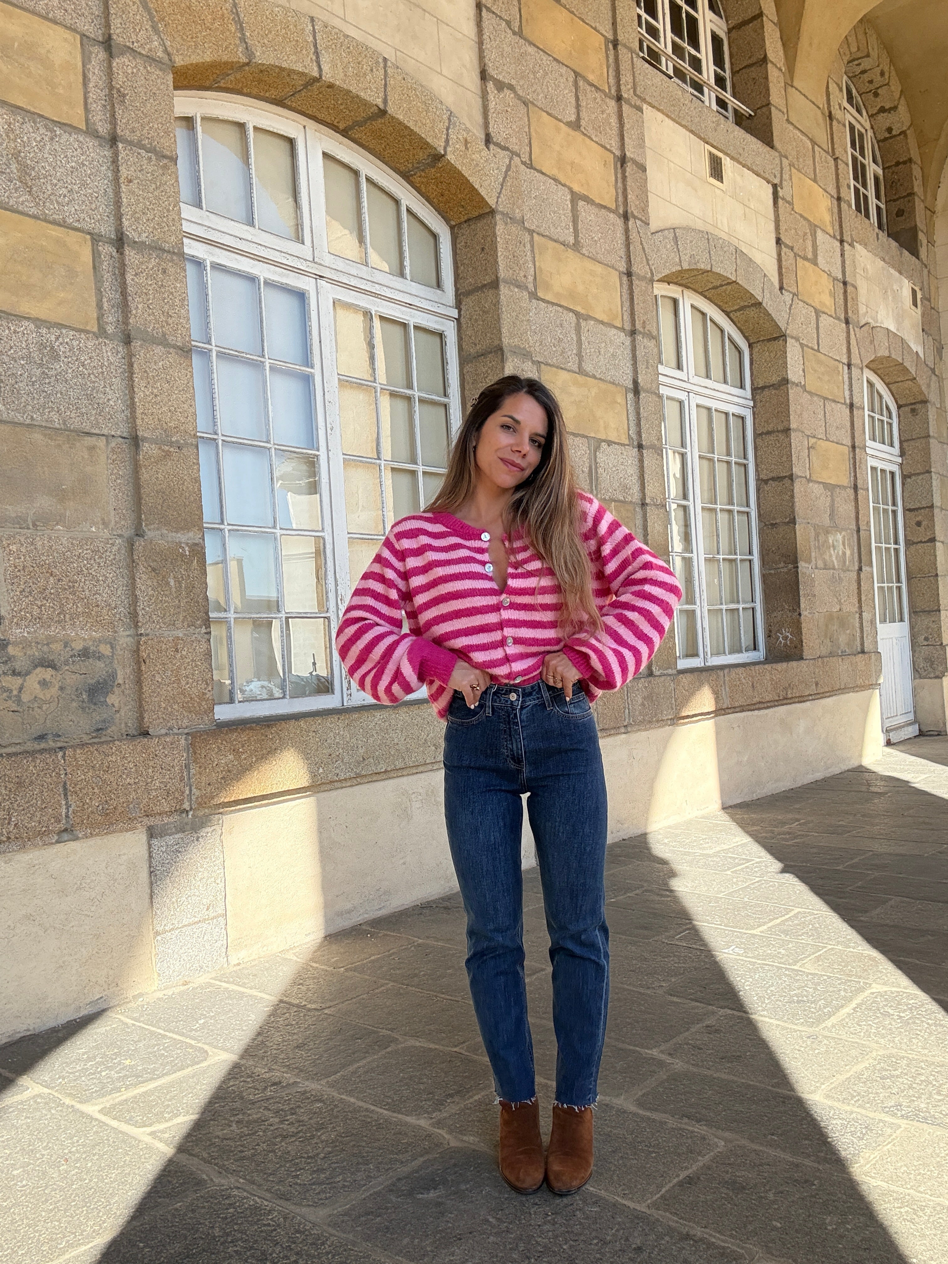 Cardigan Solela Rayé Rose Et Rouge