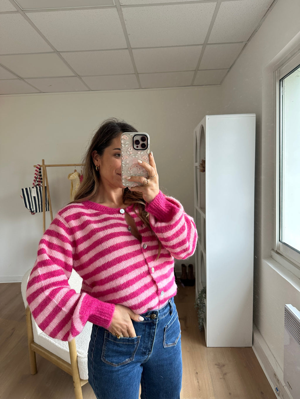 Cardigan Solela Rayé Rose Et Rouge