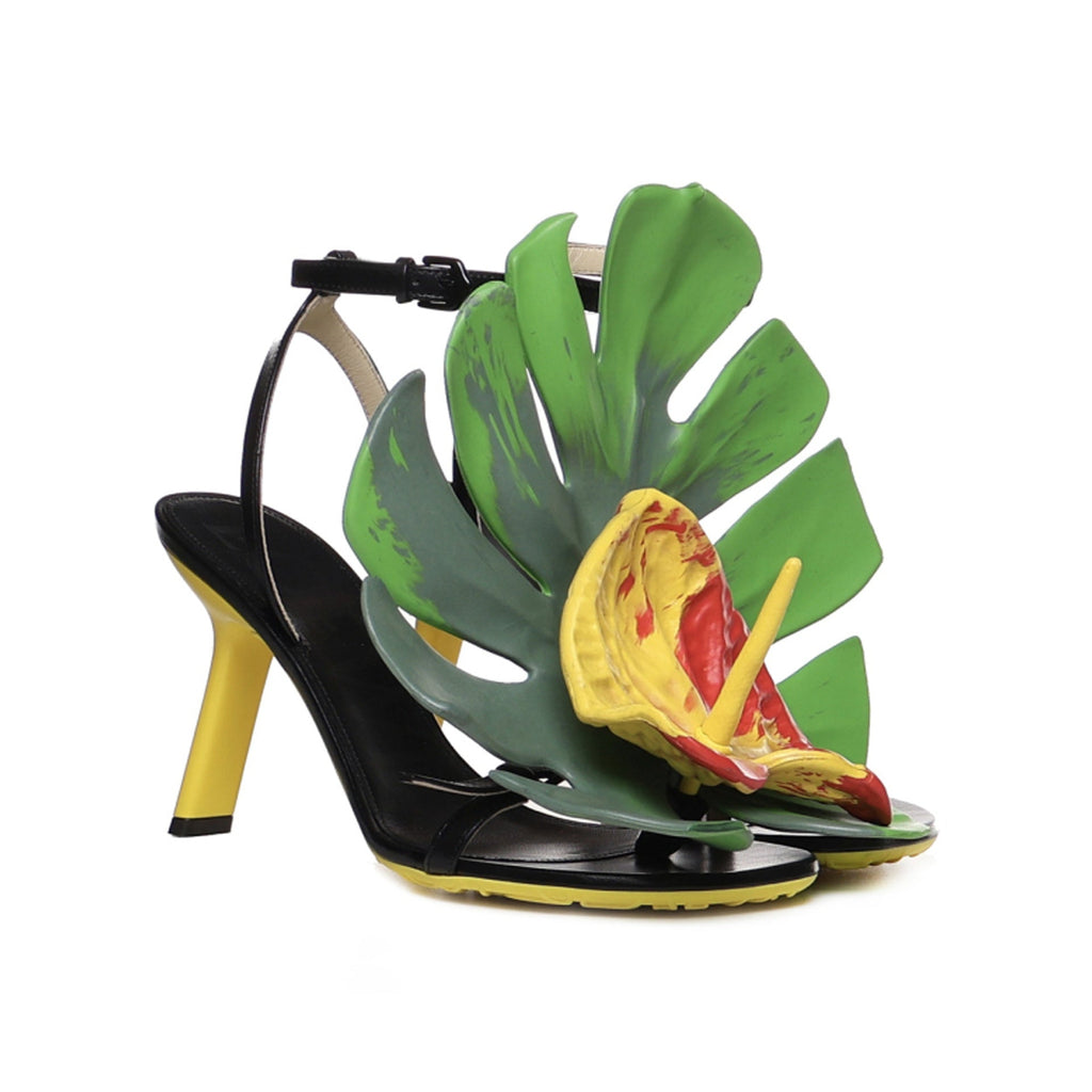 Loewe Petal Monstera Leather Sandals - Black - Femme