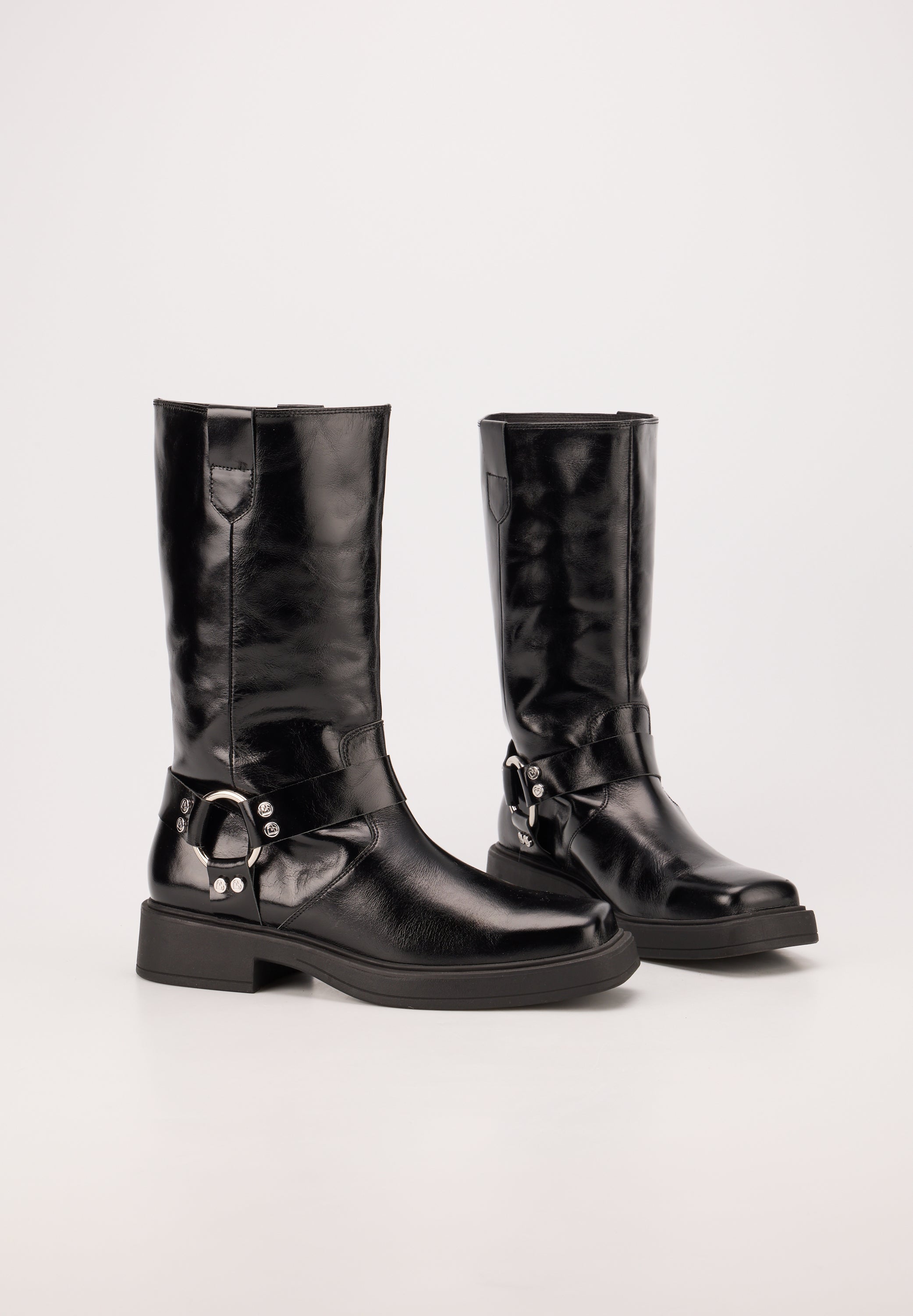 Bottes À Boucles- Cuir Brillant Noir - Talia