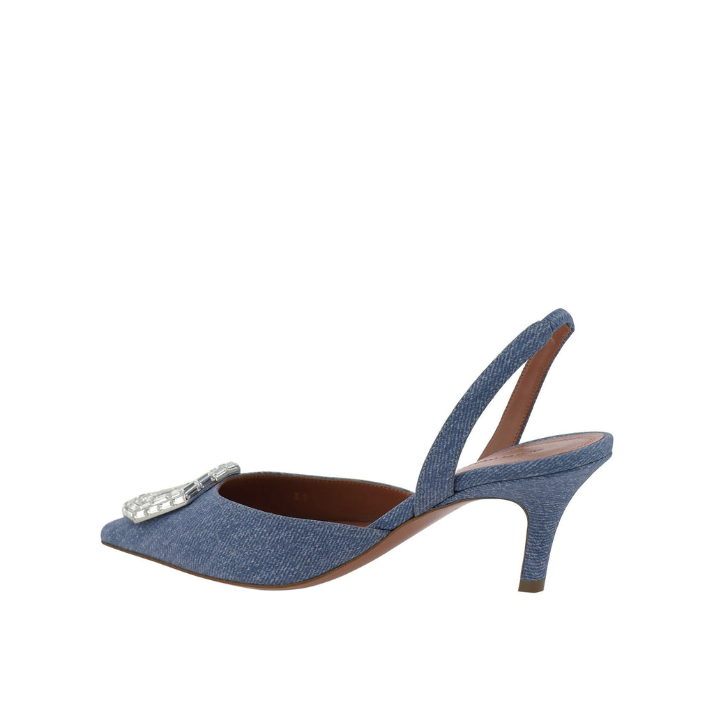 Amina Muaddi Camelia Sling 60 Printed Denim Pumps - WOMEN SHOES - AMINA MUADDI - T.Luxy