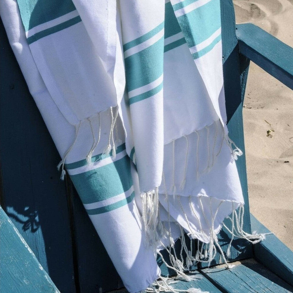 St Tropez - Fouta Blanche - Blanc/Vert Turquoise