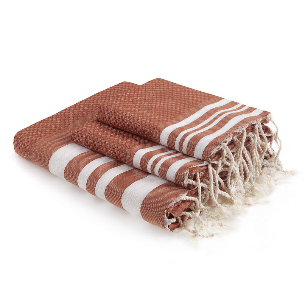 Hamptons - Foutas De Bain (1 Grande et 2 Petites) - Terracotta/Blanc