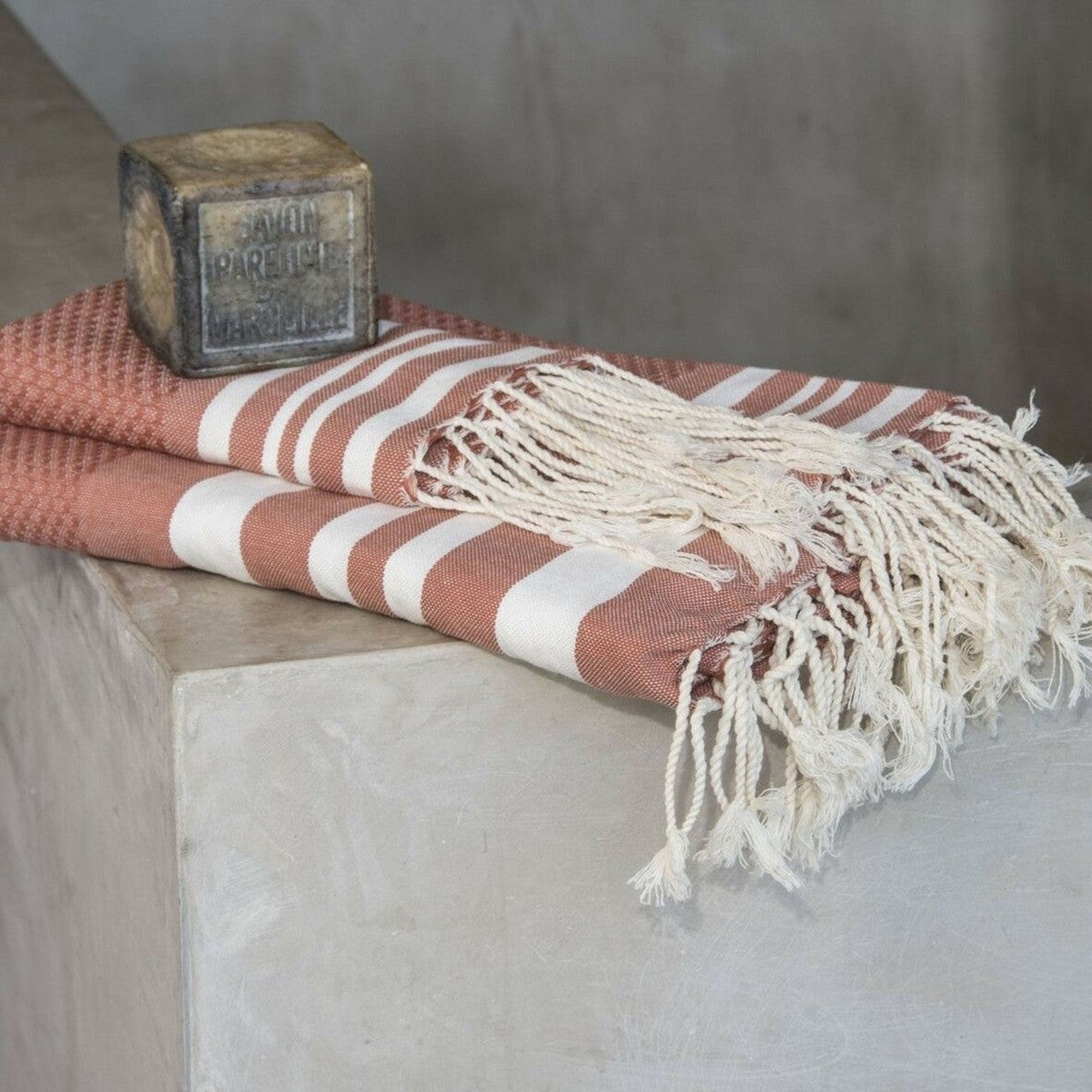 Hamptons - Foutas De Bain (1 Grande et 2 Petites) - Terracotta/Blanc