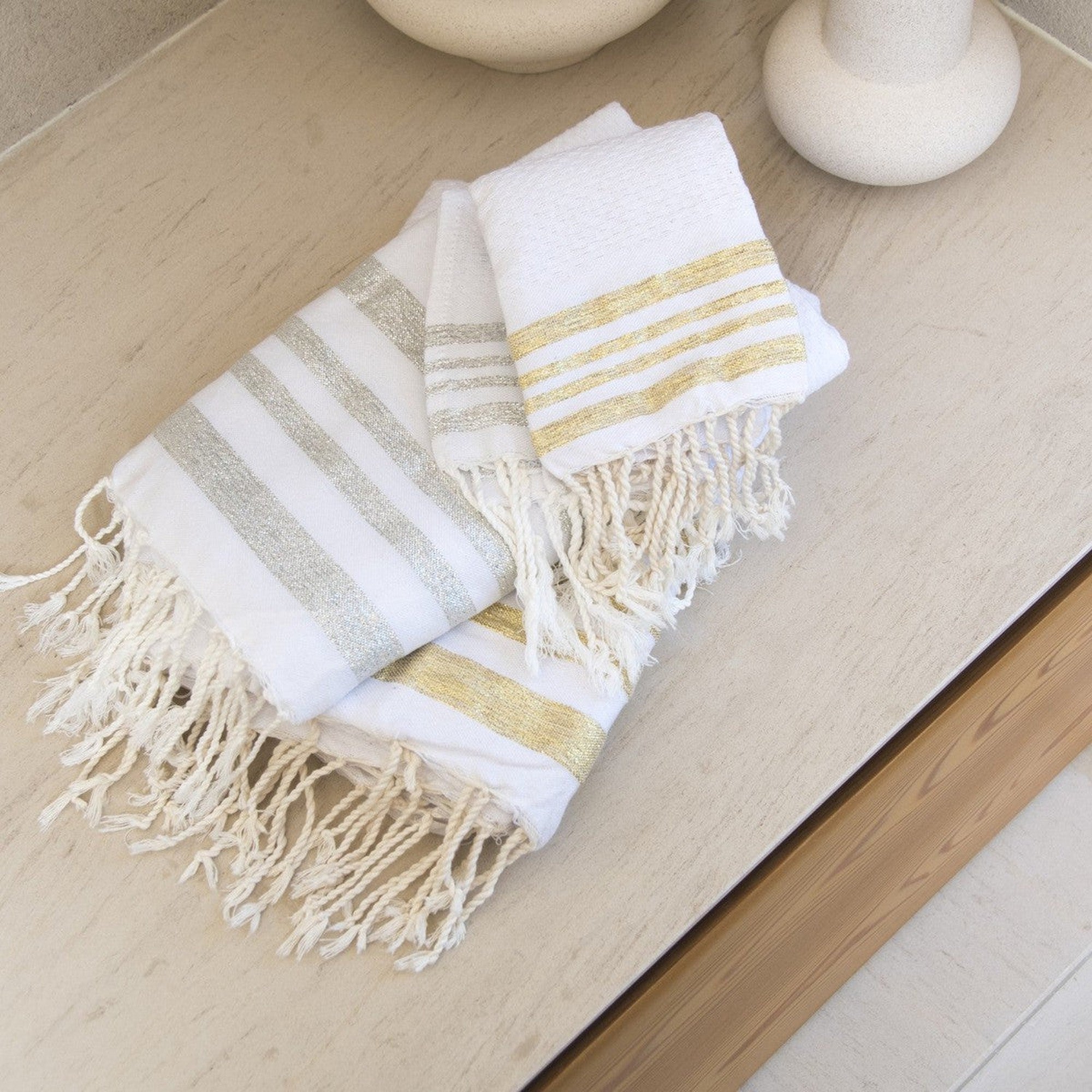 Hamptons - Foutas De Bain (1 Grande et 2 Petites) - Blanc/Argent