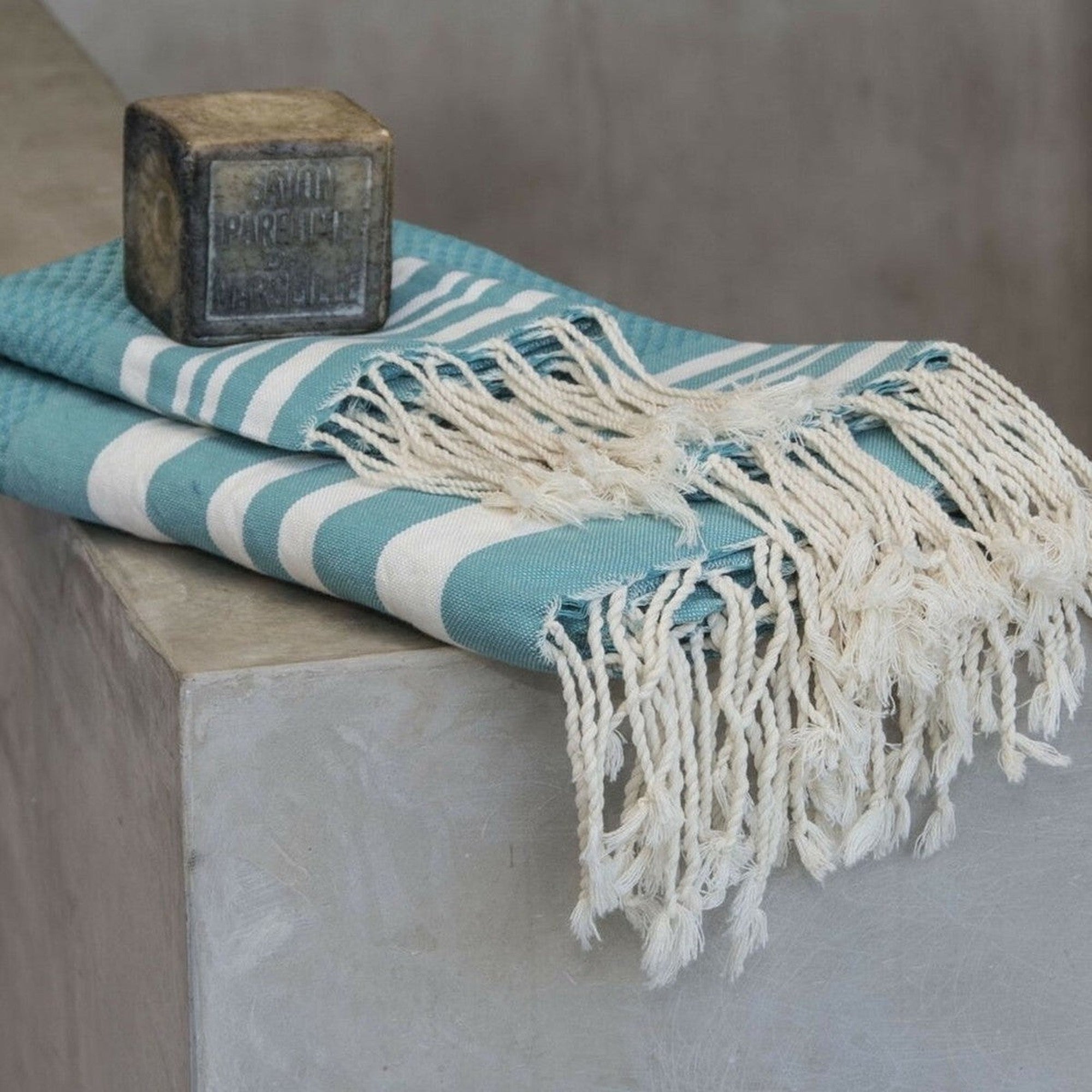 Hamptons - Foutas De Bain (1 Grande et 2 Petites) - Vert Canard/Blanc