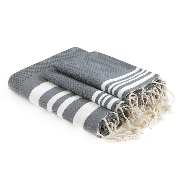 Hamptons - Foutas De Bain (1 Grande et 2 Petites) - Gris Moyen/Blanc
