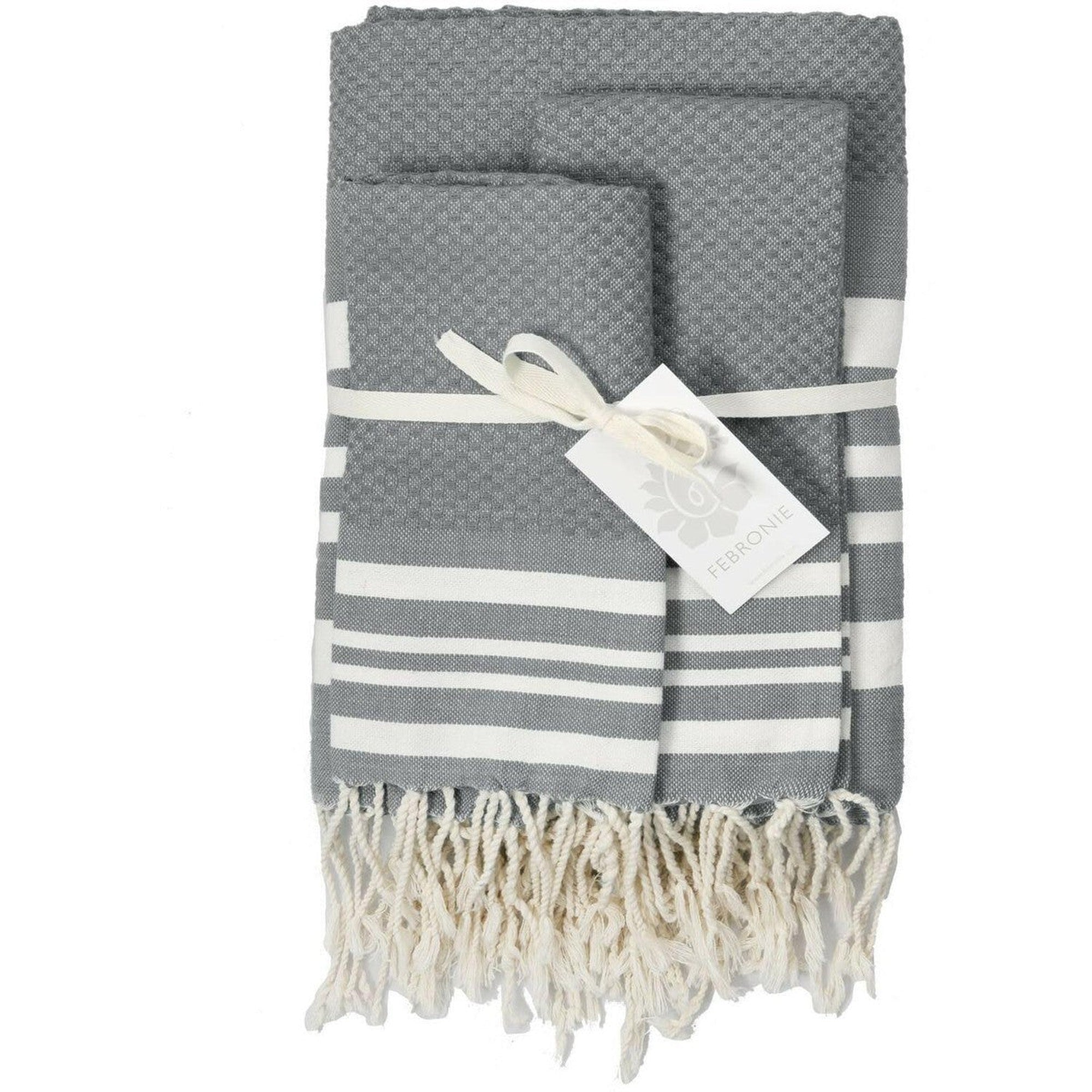 Hamptons - Foutas De Bain (1 Grande et 2 Petites) - Gris Moyen/Blanc
