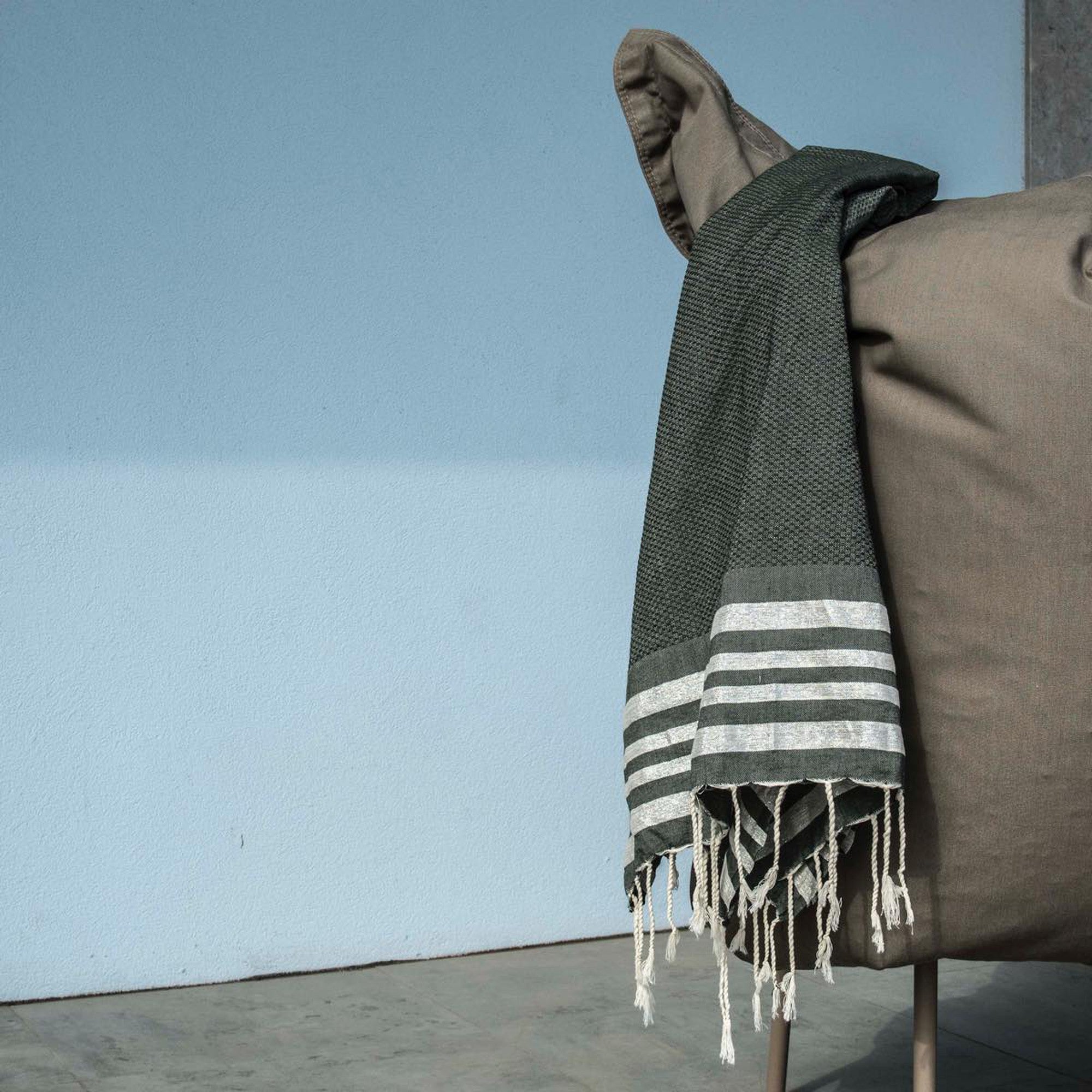 Hamptons - Fouta Nid D'Abeille - Vert Kaki/Argent