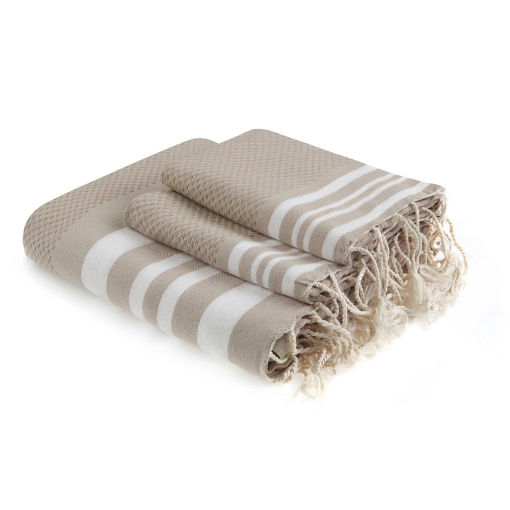Hamptons - Foutas De Bain (1 Grande et 2 Petites) - Beige/Blanc