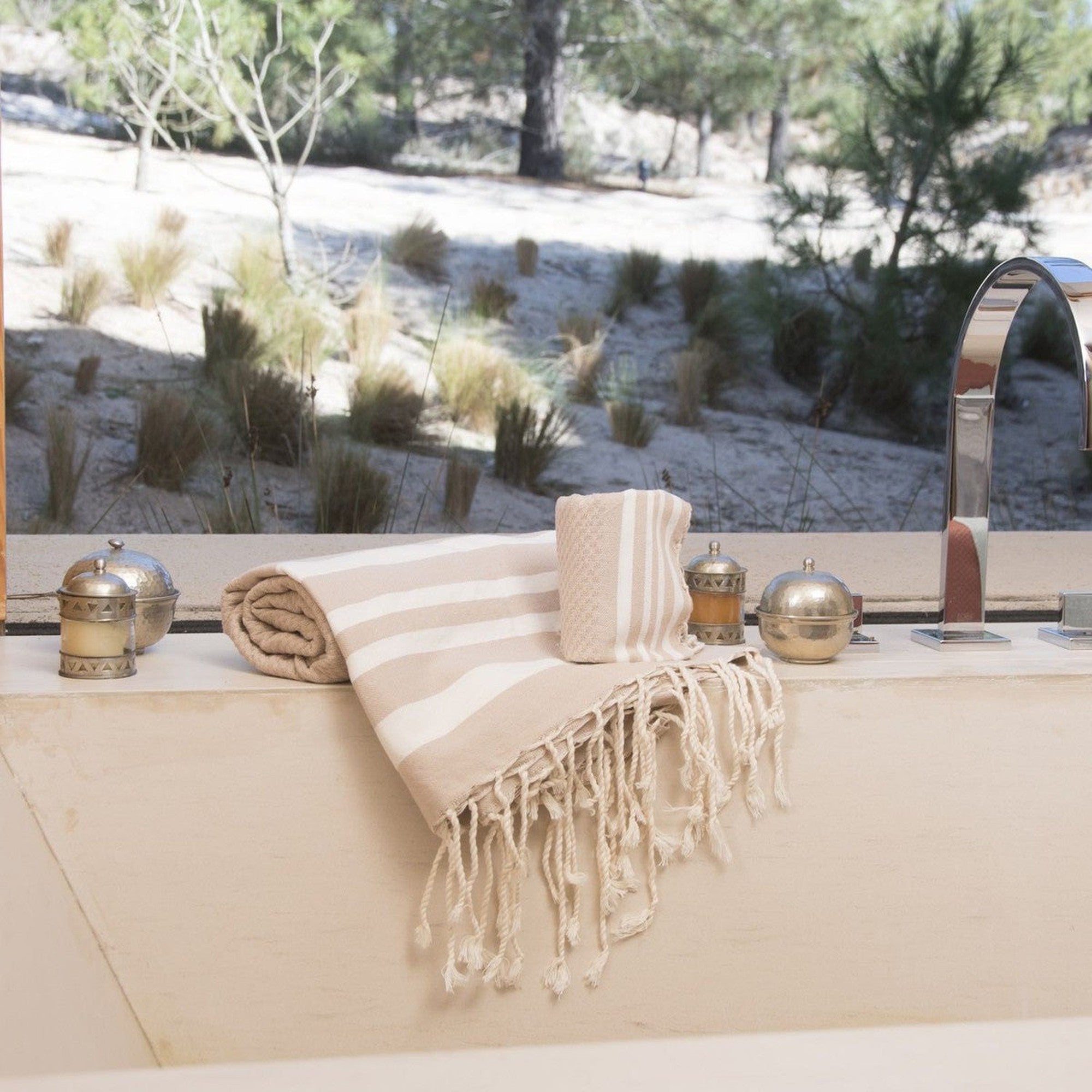 Hamptons - Foutas De Bain (1 Grande et 2 Petites) - Beige/Blanc