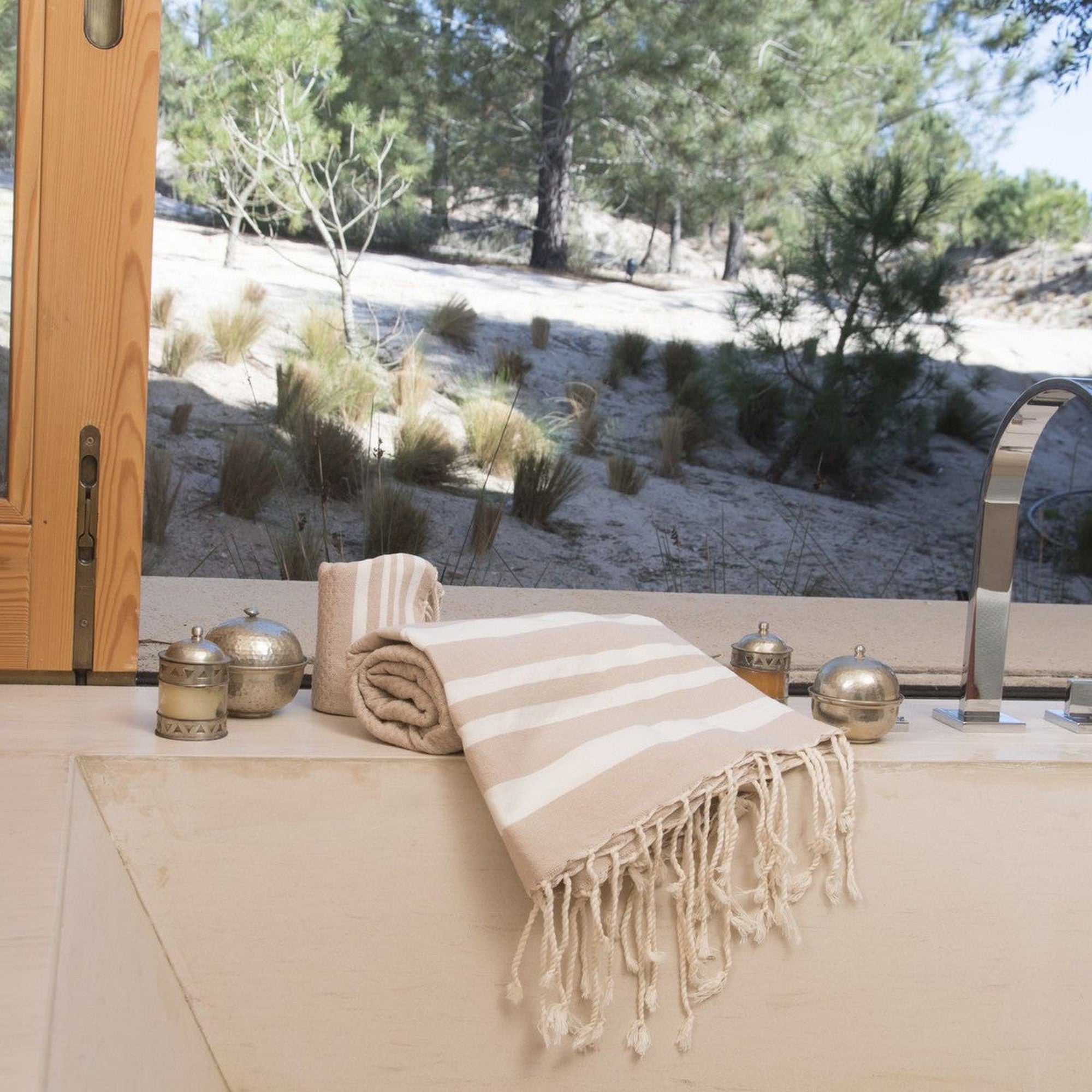 Hamptons - Foutas De Bain (1 Grande et 2 Petites) - Beige/Blanc