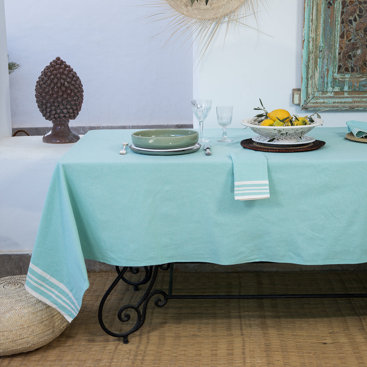 Mahdia - Nappe + 8 Serviettes - Vert D'Eau